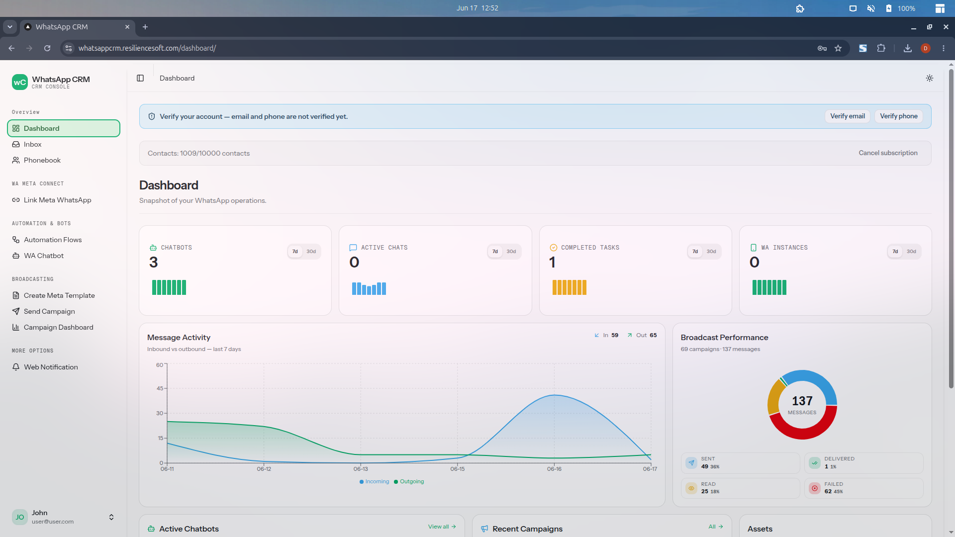 WhatsApp CRM dashboard screenshot